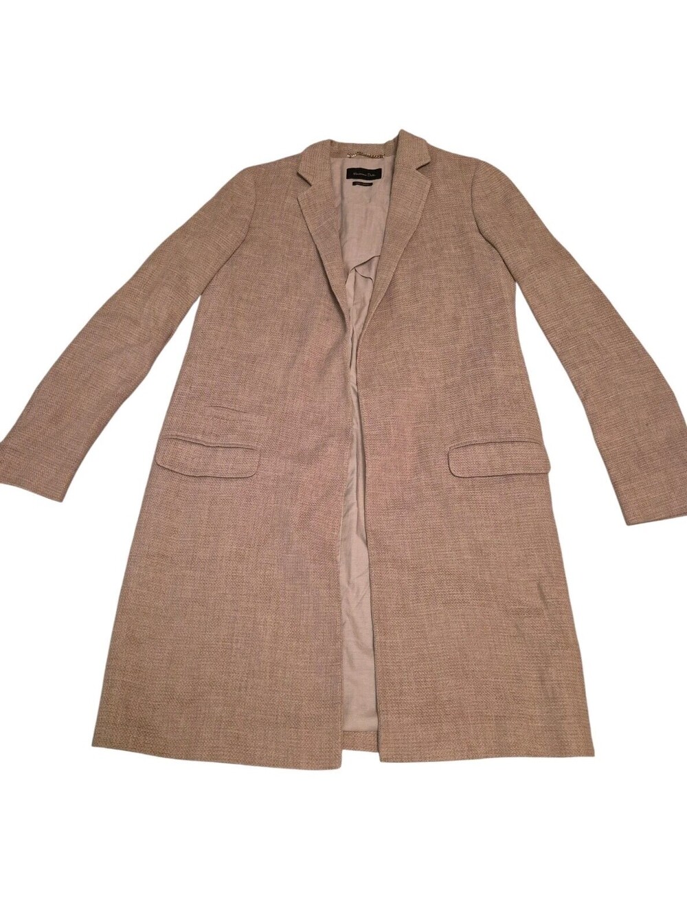 Massimo Dutti Beige Tan Linen Long Open Front Coat Jacket Size US 4 EU 36